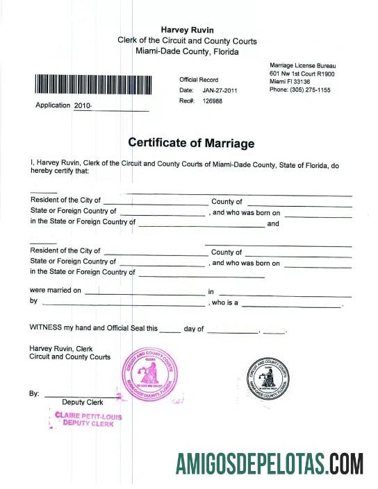 Certidão de casamento do circuito dos EUA e dos tribunais do condado da Flórida amostra